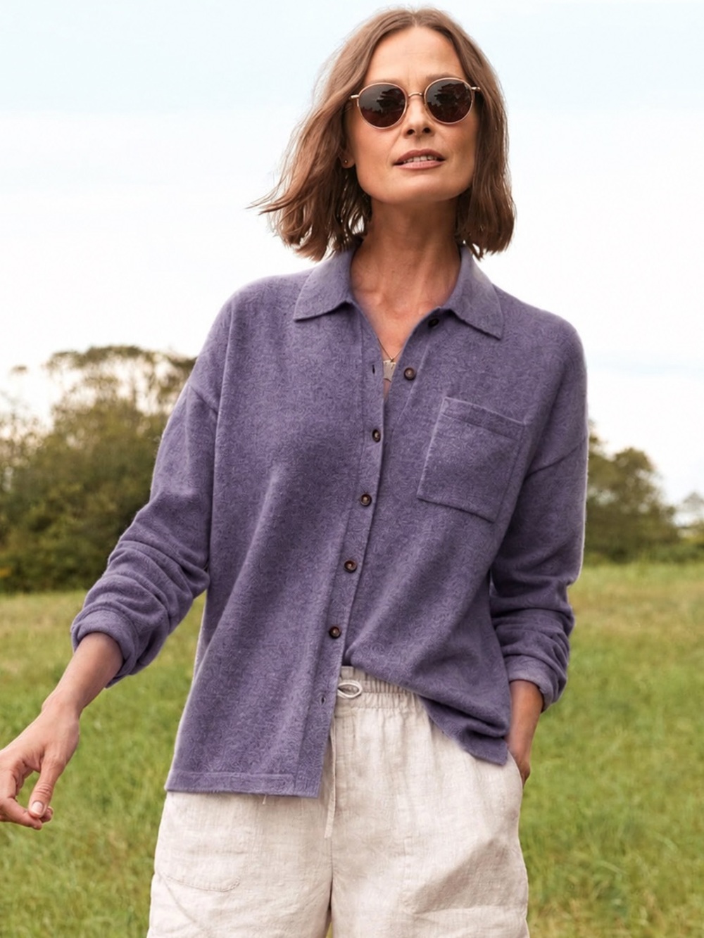 Garnet Hill Purple 100% Cashmere Fuzzy Button Down Collared Knit‎ Sweater
